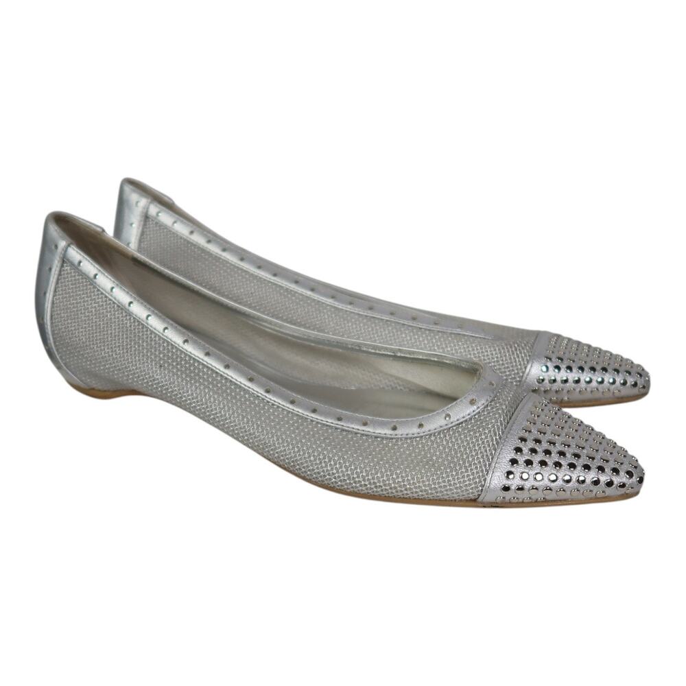 Stuart Weitzman Silver Leather Mesh Studded Cap Toe Pointed Ballet Flats 7.5